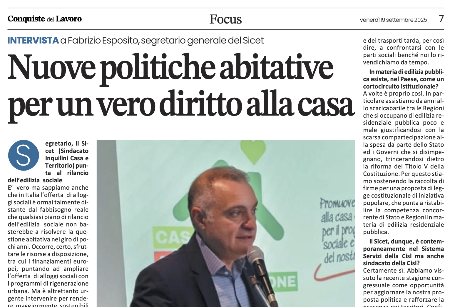 Esposito a Conquiste del lavoro: «Servono nuove politiche abitative per un vero diritto alla casa»
